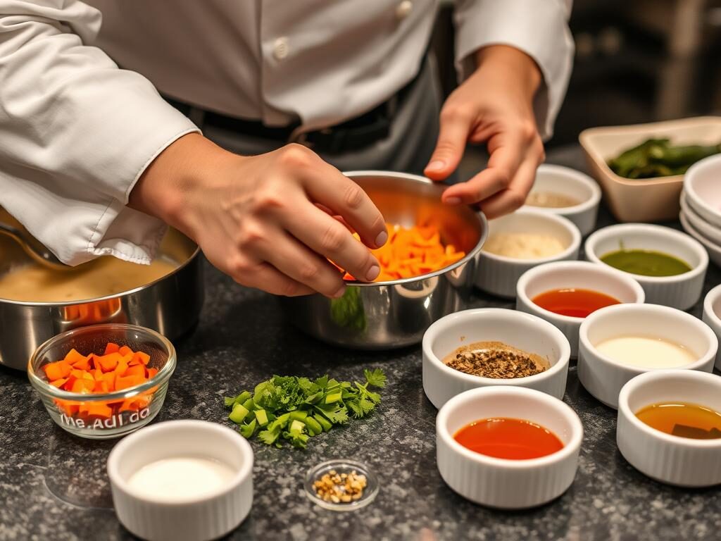 Chef demonstrating mise en place for recipes tutorial