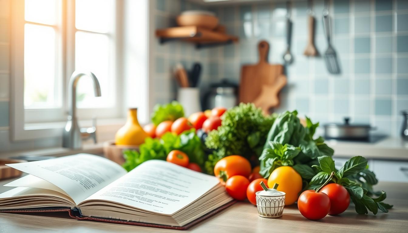 Cooking ingredients and recipe book on kitchen counter for recipes tutorial